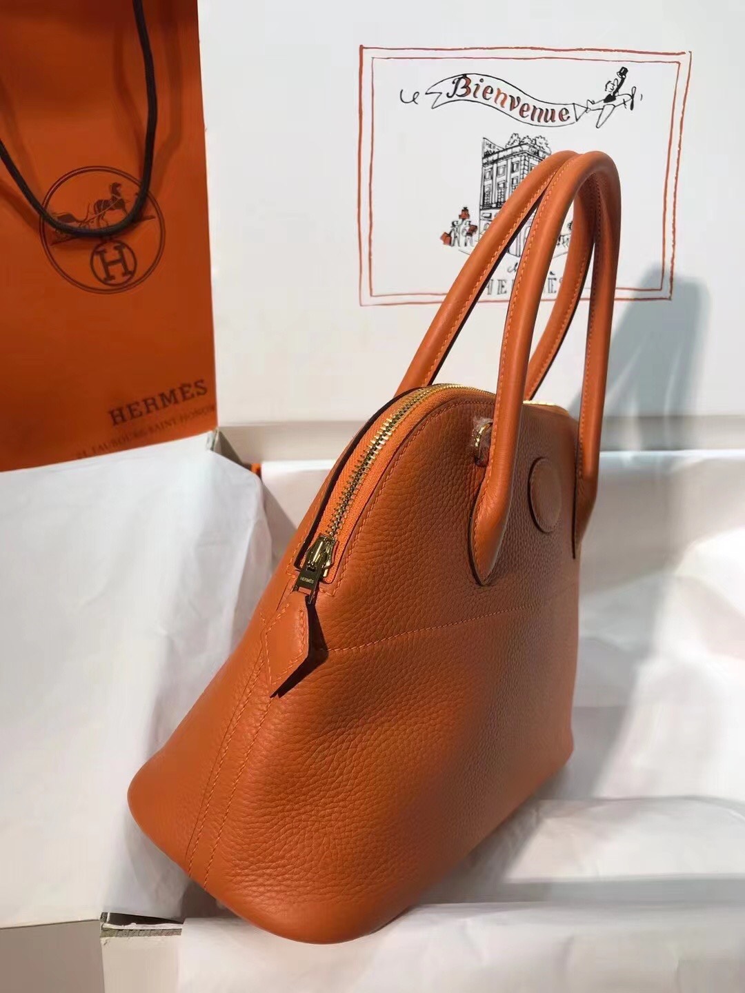 Hermes Bolide 27cm Handbag In Orange Clemence Leather